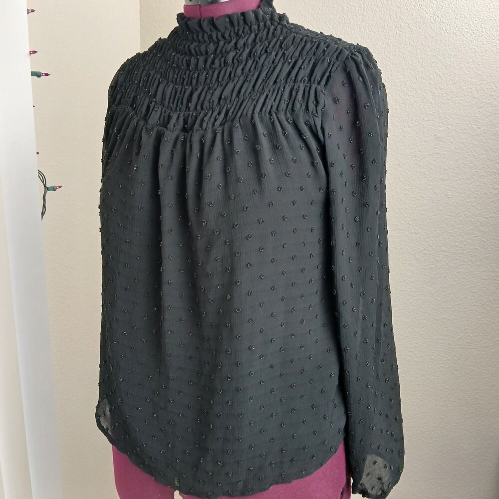 Q&A Shirred Mock Neck Blouse M chiffon raised polka dots balloon sleeves tunic